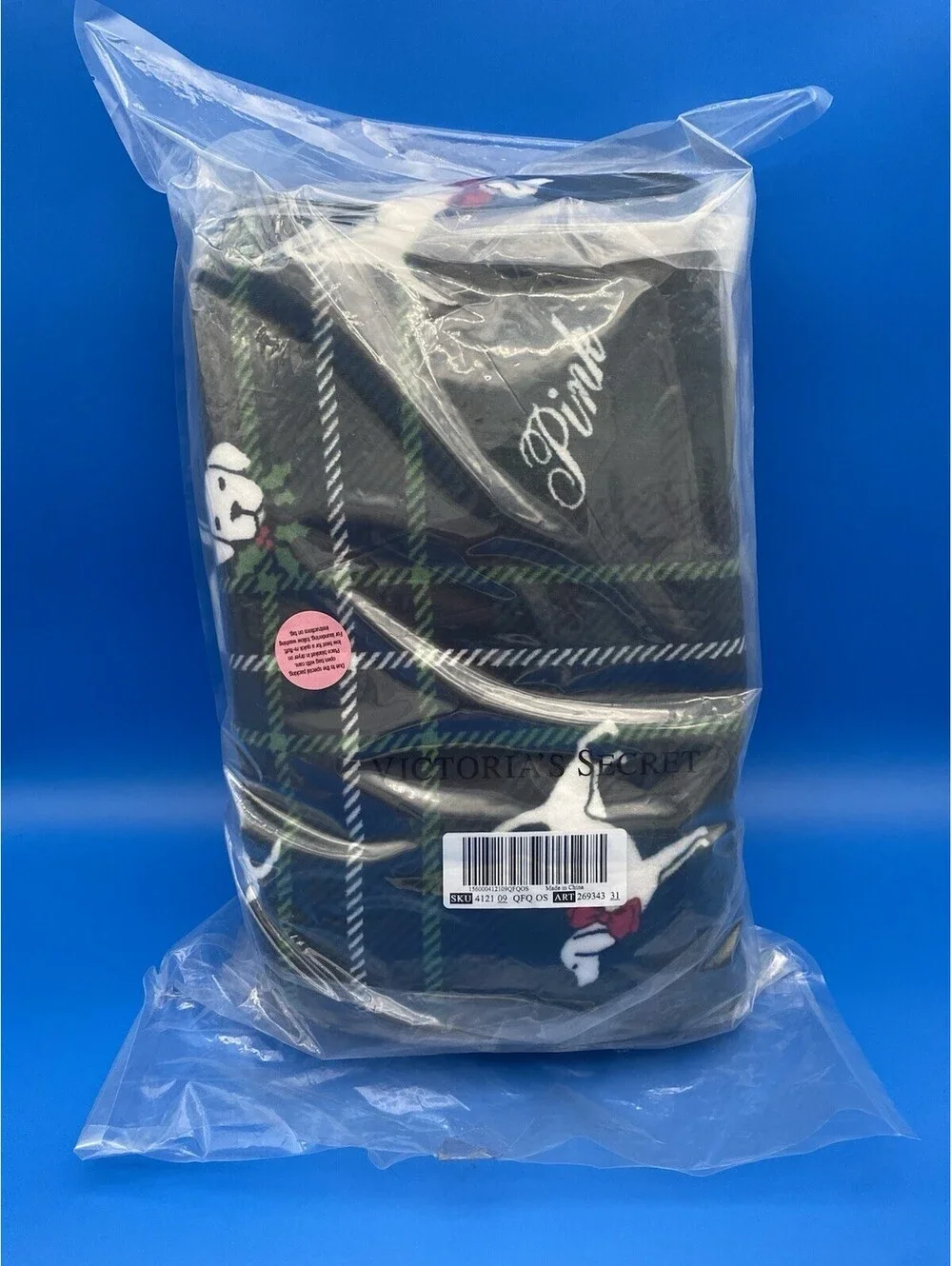 Victoria's Secret Green Plaid, Dog & Mistletoe Pattern Throw Blanket - New PINK